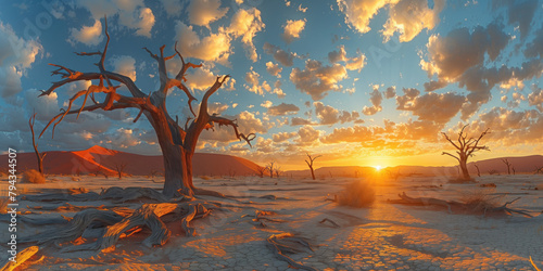 dead trees in a dried out oasis in the desert against the backdrop of the setting sun photo
