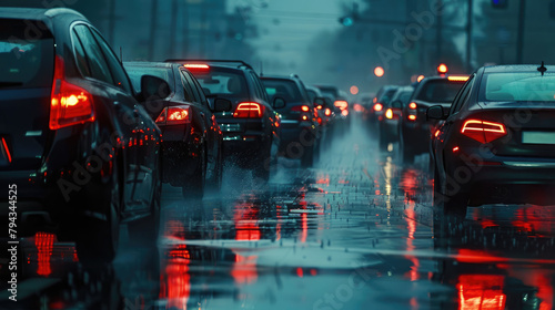 Cars are stuck in a traffic jam on a rainy evening photo