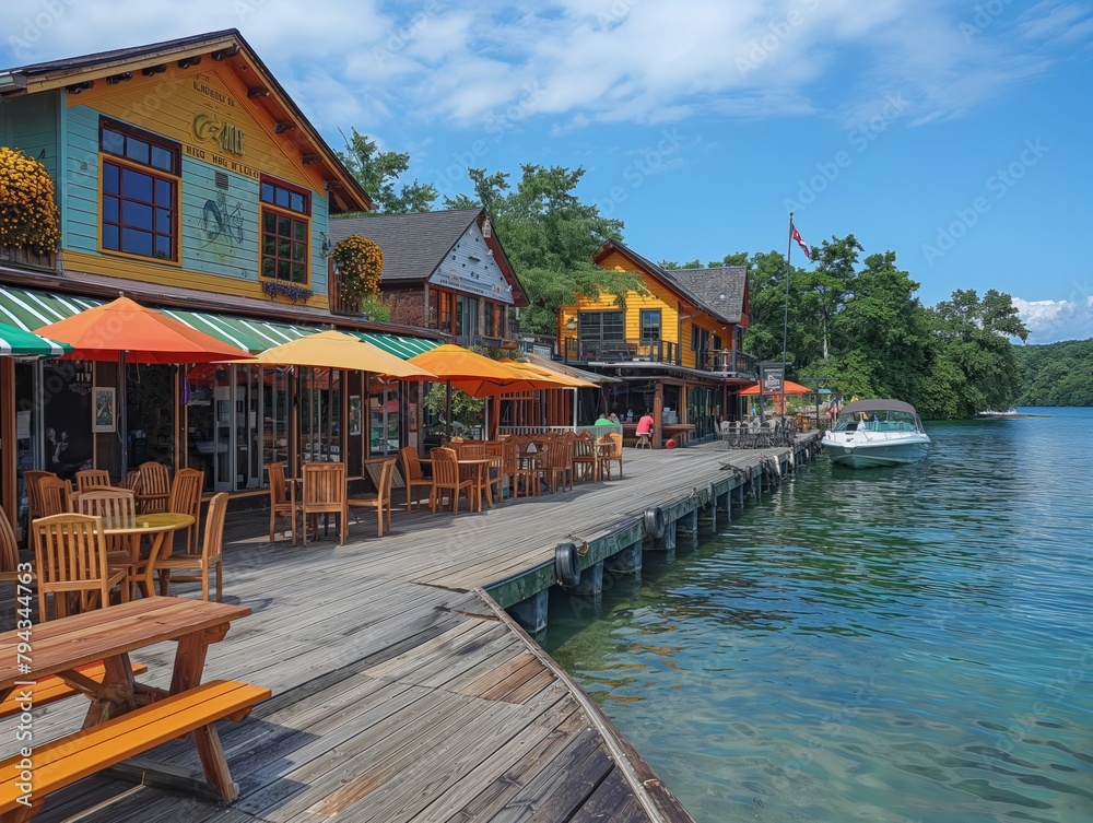 A waterfront area with a wooden pier and a dock. There are several restaurants and cafes along the pier, and a boat is docked in the water. The atmosphere is lively and inviting