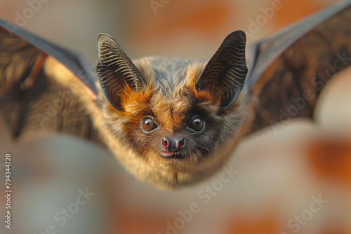 cute small bat in flight close-up on a blurred natural background photo