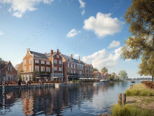 A city with a river running through it. The buildings are old and have a brick facade. There are several boats on the water, and people are sitting on the riverbank. The scene has a peaceful