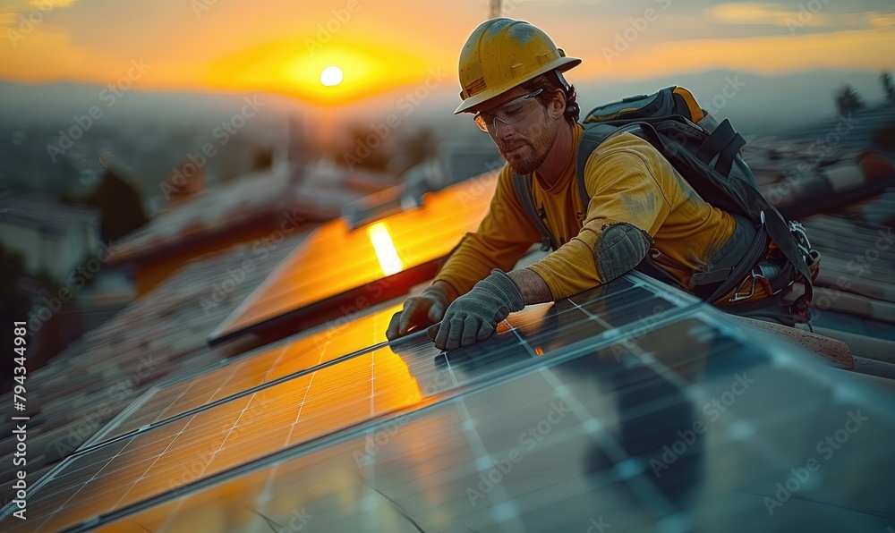 A solar power engineer installing the solar panels on the roof of a modern house