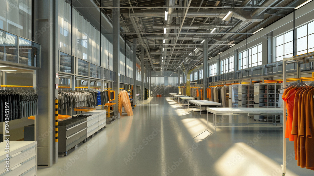 A large open space with racks of clothes and a table A large open space with racks of clothes and a table