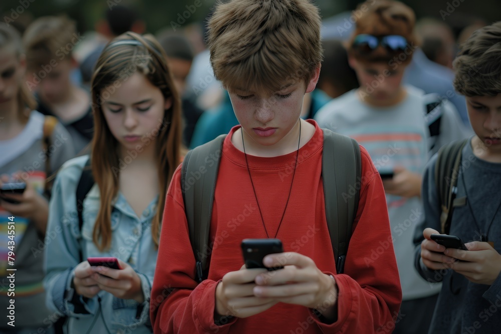 Fototapeta premium A showcasing teenagers deeply engrossed in their smartphones, depicting the prevalent dependency and reliance on mobile devices in modern society 