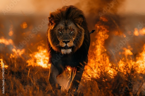 The Powerful Lion Determined Journey Through Fiery Wilderness. © Sandris