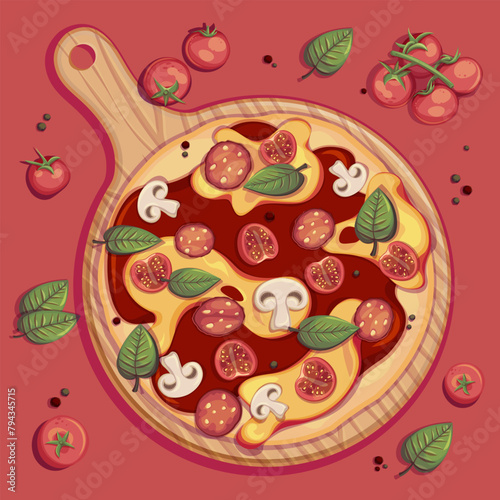 Pizza with tomatos and cheese on the wooden board. Italian cuisine, healthy food, cooking, restaurant menu, eating, recipes concept. Vector illustration for poster, menu, cover, banner