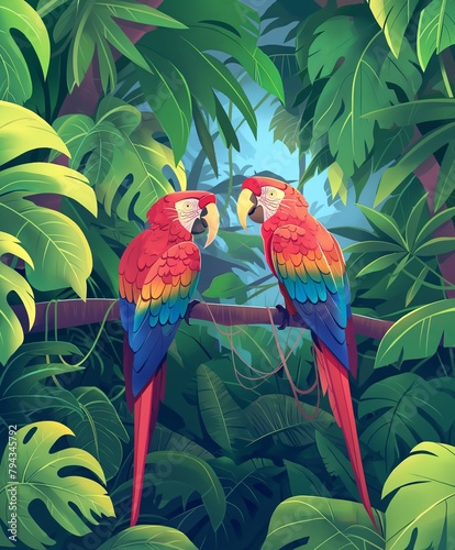 Colorful parrots amidst green foliage
