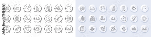 Puzzle, Business statistics and Video conference line icons. White pin 3d buttons, chat bubbles icons. Pack of Infochart, Smartphone sms, Alarm clock icon. Vector