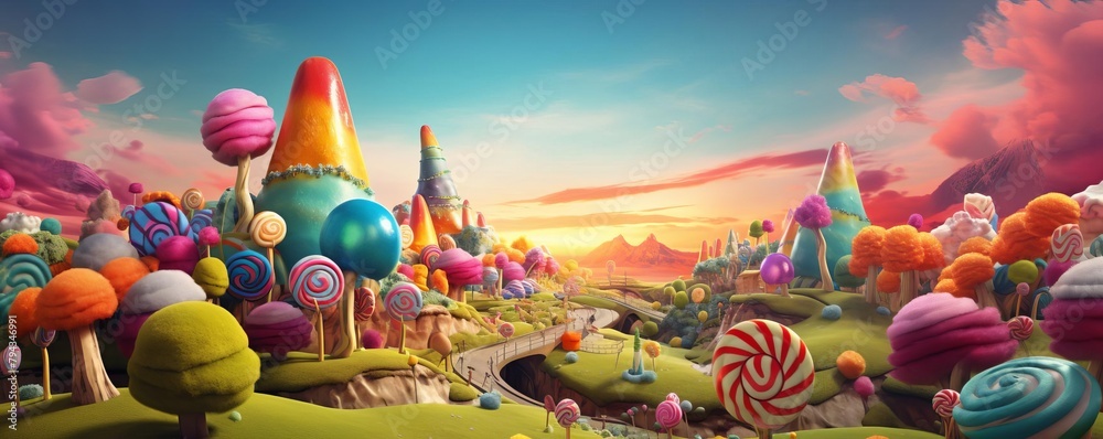 Creative 3D rendering of a colorful candy landscape with a detailed ant, designed to pop on any playful publication cover