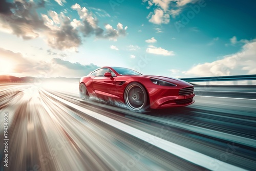 Red supercar speeding through turn on high-speed highway on a sunny day with motion blur © Daria