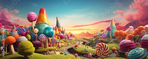 Creative 3D rendering of a colorful candy landscape with a detailed ant, designed to pop on any playful publication cover