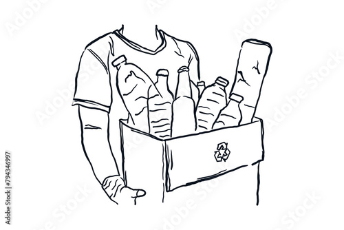 Person holding garbage box carton for recycle hand drawn line sketch vector illustration