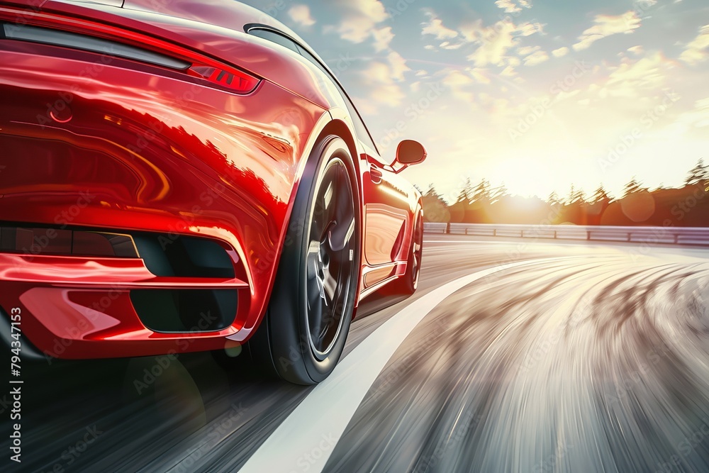 Red business car speeding on sunny day, racing along high-speed highway with motion blur