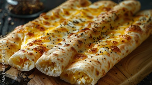 The cheese stick is flat, with pita bread and cheese inside.