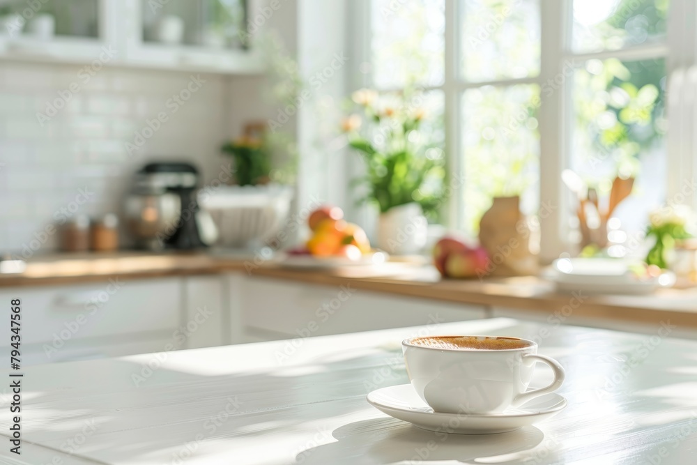 Morning coffee in modern kitchen with copy space, summer breakfast scene on white table Morning coffee in modern kitchen with copy space, summer breakfast scene on white table