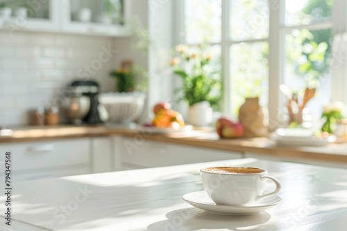 Morning coffee in modern kitchen with copy space  summer breakfast scene on white table