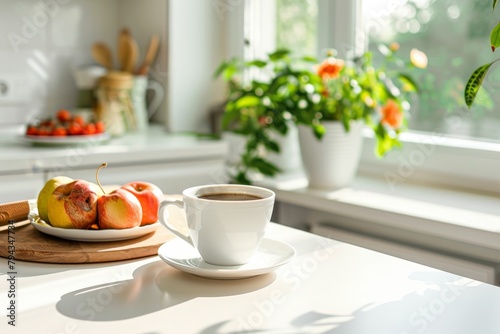 Summer morning coffee in bright modern kitchen with copy space, breakfast scene on white table