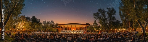 Envision a serene evening at a picnic concert, with lawn seating and a magnificent symphony orchestra playing under the stars, the gentle evening breezes whispering through the crowd