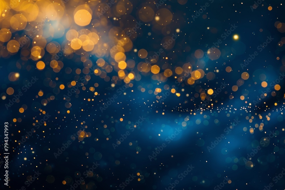 Fototapeta premium Dark blue and gold christmas bokeh background with elegant foil texture for festive holiday concept