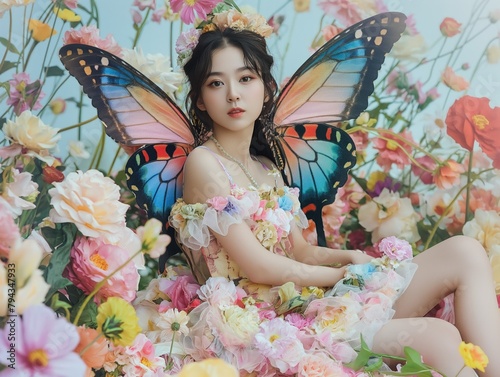 A woman is sitting in a field of flowers and wearing a butterfly costume. The flowers are in various colors and the woman's costume is also colorful. Scene is whimsical and playful