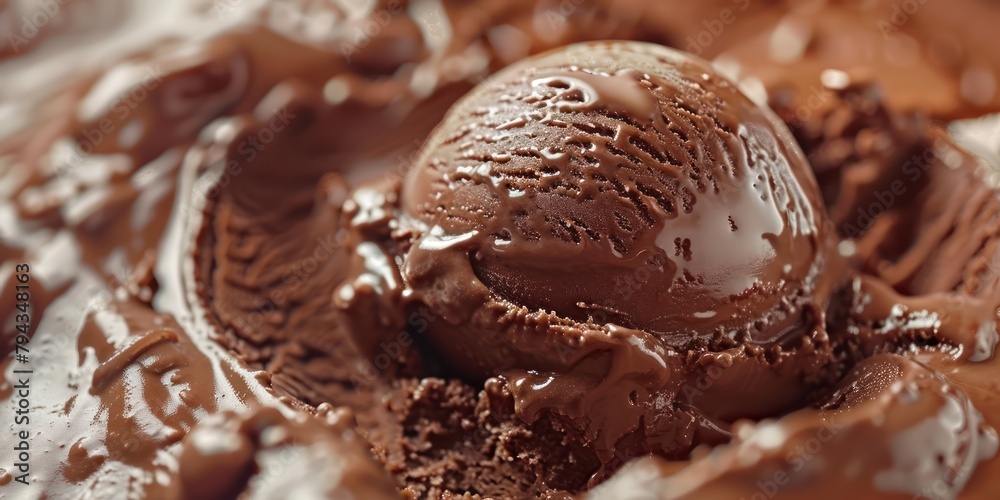 Close-up shots capturing the glossy sheen of a scoop of chocolate ice cream melting under the hot summer sun Close-up shots capturing the glossy sheen of a scoop of chocolate ice cream melting under the hot summer sun