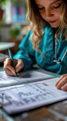 Close-up of a nurse scheduling follow-up visits for patients, highlighting the organization and care in outpatient services photo