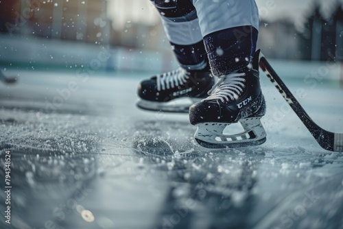 Professional ice hockey player practicing on stadium ice rink, close up shot during training session