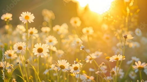 Radiant expanse of daisies dancing in the sun. Serene meadow adorned with the delicate beauty of chamomile flowers, set against the backdrop of a pictures footage photo
