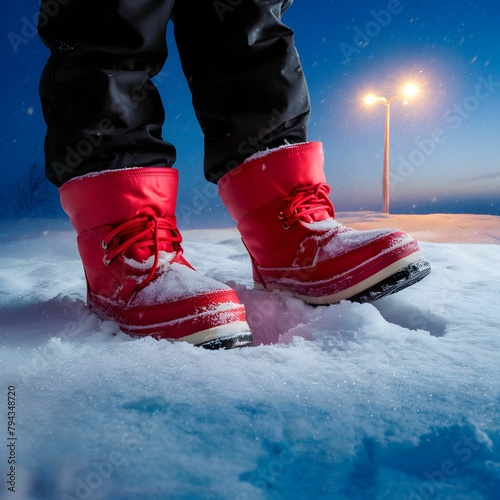 Red Snow Boots in Snow at Night  photo