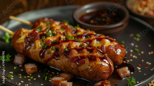 Korean corn dog, sausages in corn dough with a waffle pattern, covered with sweet sprinkles.