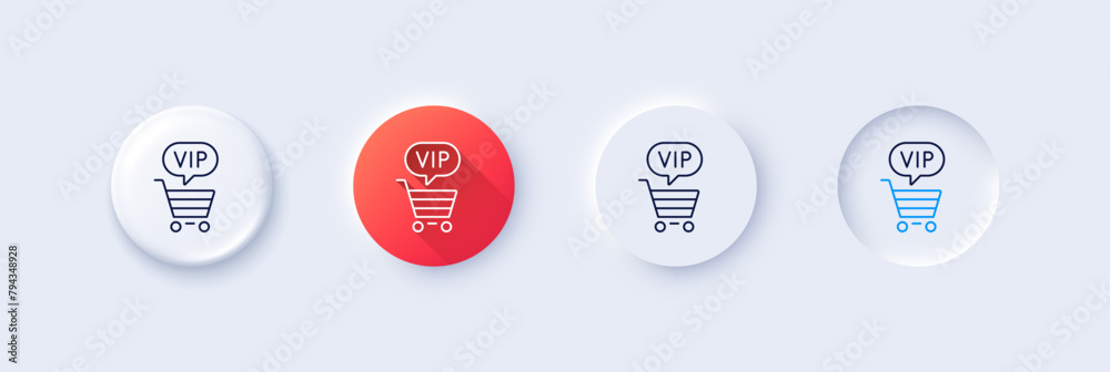 Vip shopping cart line icon. Neumorphic, Red gradient, 3d pin buttons. Very important person sign. Member club privilege symbol. Line icons. Neumorphic buttons with outline signs. Vector Vip shopping cart line icon. Neumorphic, Red gradient, 3d pin buttons. Very important person sign. Member club privilege symbol. Line icons. Neumorphic buttons with outline signs. Vector