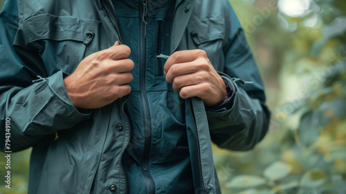 A durable weatherresistant outdoor jacket made from highquality sustainable materials like organic cotton and recycled polyester. . . photo