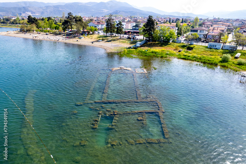 Underwater Basilica in Iznik Lake. Bursa, Turkey. Basilica of Saint Neophytos. Drone shot.