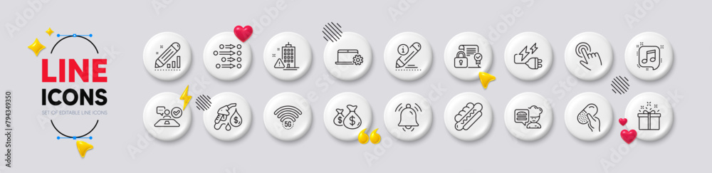 Security contract, Notebook service and 5g wifi line icons. White buttons 3d icons. Pack of Building warning, Chef, Musical note icon. Notification bell, Coins bags, Edit pictogram. Vector Security contract, Notebook service and 5g wifi line icons. White buttons 3d icons. Pack of Building warning, Chef, Musical note icon. Notification bell, Coins bags, Edit pictogram. Vector