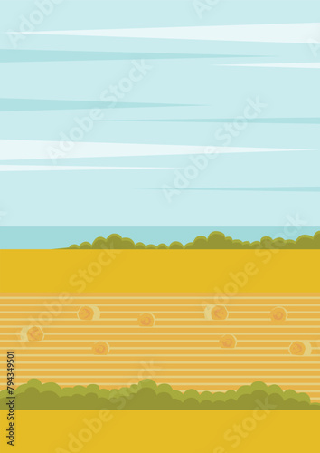 Countryside landscape with hay, field near sea. Rural province in Europe. Skyline with clouds