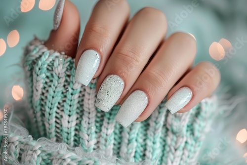 Elegant glitter white nail polish on female hand with pastel sweater for chic look photo