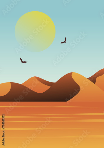 National Park wildlife poster vector illustration design. Eagle birds in the sky art. Aesthetic dunes landscape art.