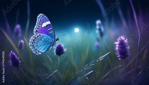 Butterfly in the grass on a meadow at night in the shining moonlight on nature in blue and purple tones, macro. Fabulous magical artistic image of a dream, copy space.
