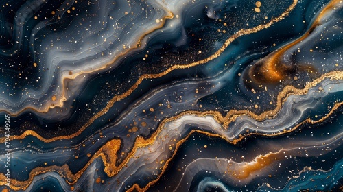  A tight shot of a blue-gold marble against a jet-black backdrop, showcasing gold speckles along its edges