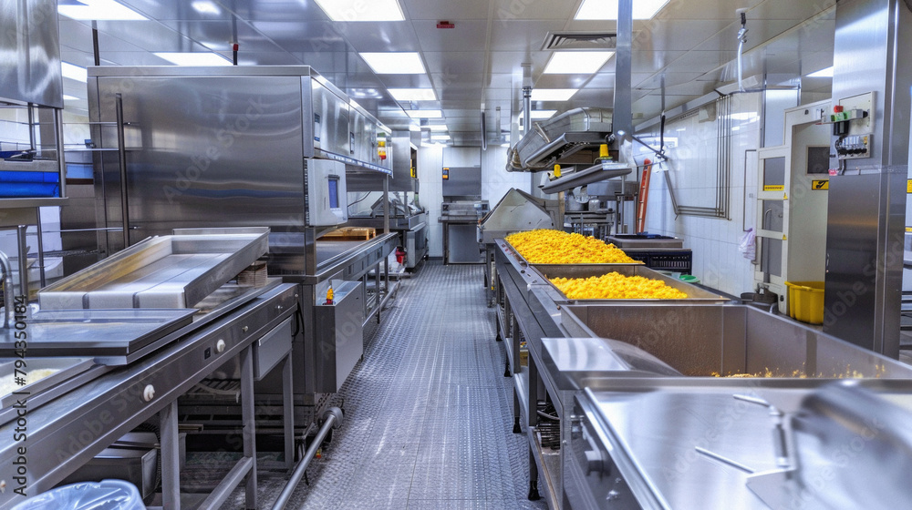 A large industrial kitchen with stainless steel appliances and a lot of food