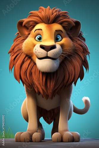 A 3D animated lion with a friendly expression  standing against a blue background.