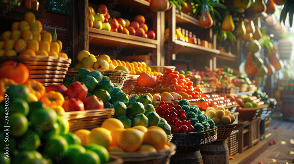 A fruit stand with a variety of fruits including apples, oranges, and pears