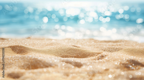 Abstract background summer background, golden sand beach, blue sea and sky, sun rays, bokeh
