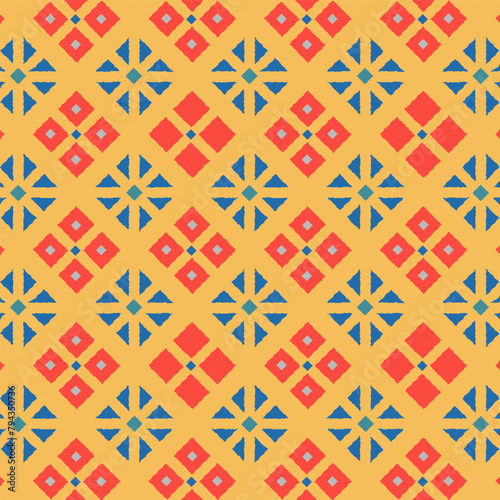 Bright moroccan seamless tile pattern of geometric flowers in warm yellow and red colors. Ethnic colorful mosaic in mediterraneal style.