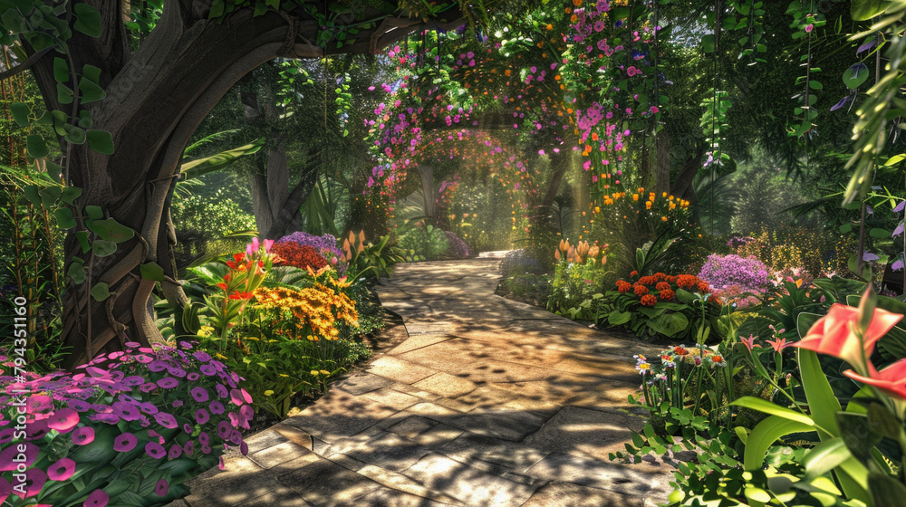 A lush, colorful garden with a stone path leading through it