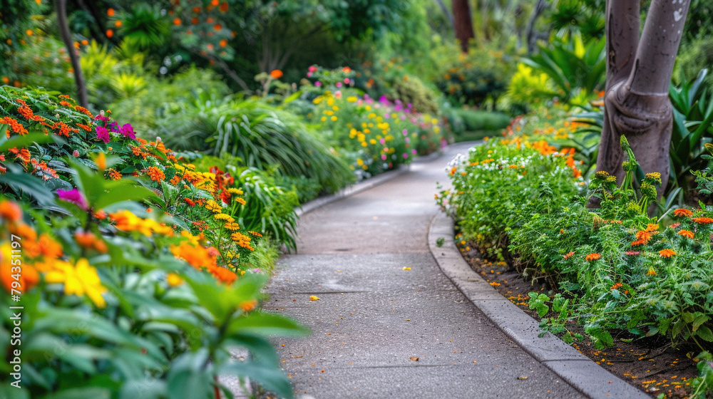 A path through a garden with flowers and trees