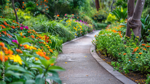 A path through a garden with flowers and trees
