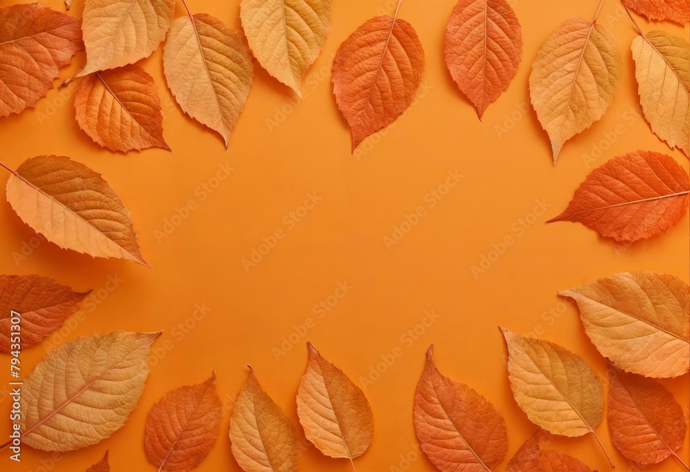 The image features a frame made of autumn leaves against an orange background.
