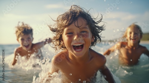 Happy kids in a wavy sea, summer outdoor fun near the ocean. © hamad