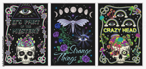 Set of posters with human skull, third eye, mushrooms, stars, crystals of gemstones, flowers. Concept of sacred spirit, magic, extended mind. Magic, mystical surreal illustration.